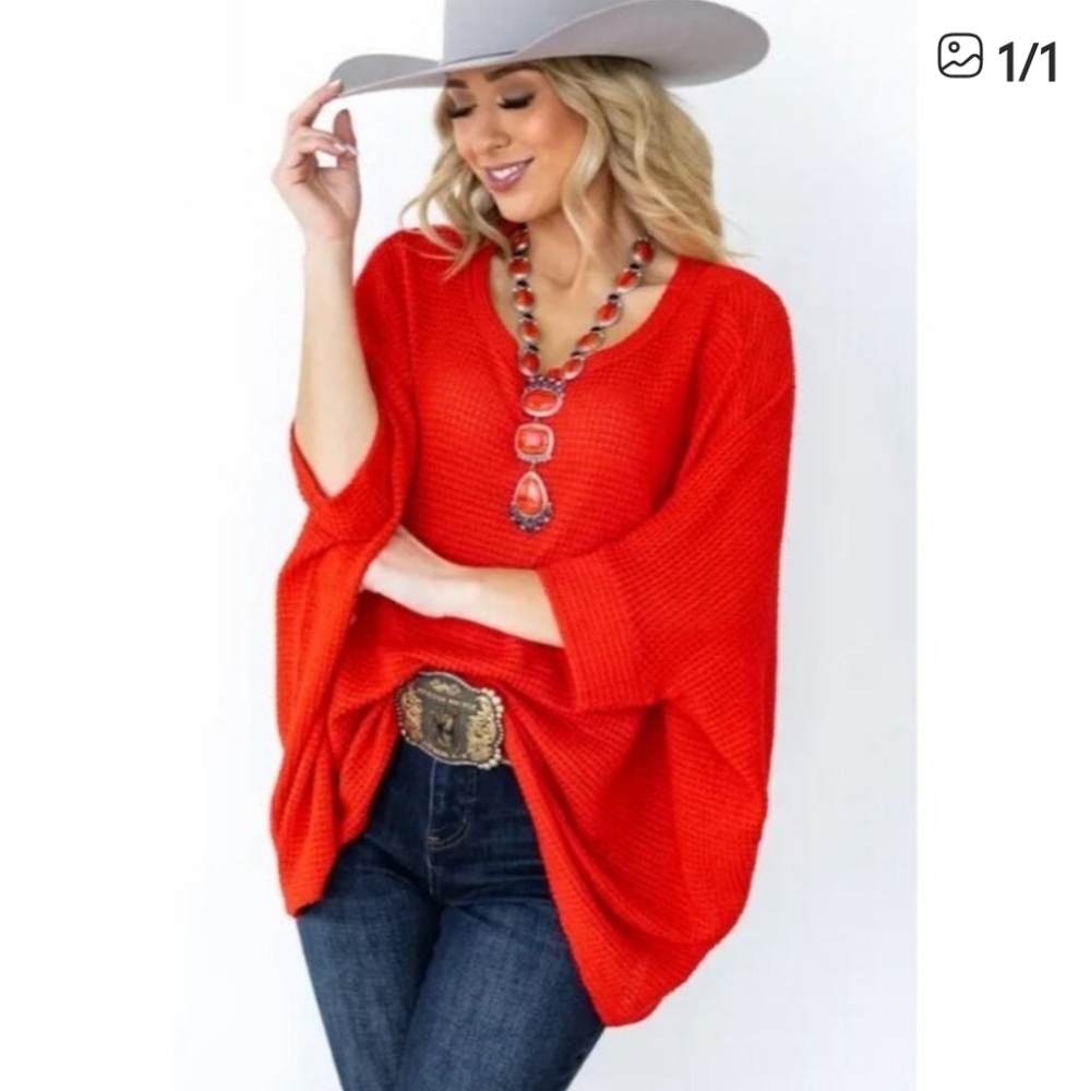Andree by Unit Red Plus Crochet Oversized Relaxed Fit Poncho Top 1X2X Casual
